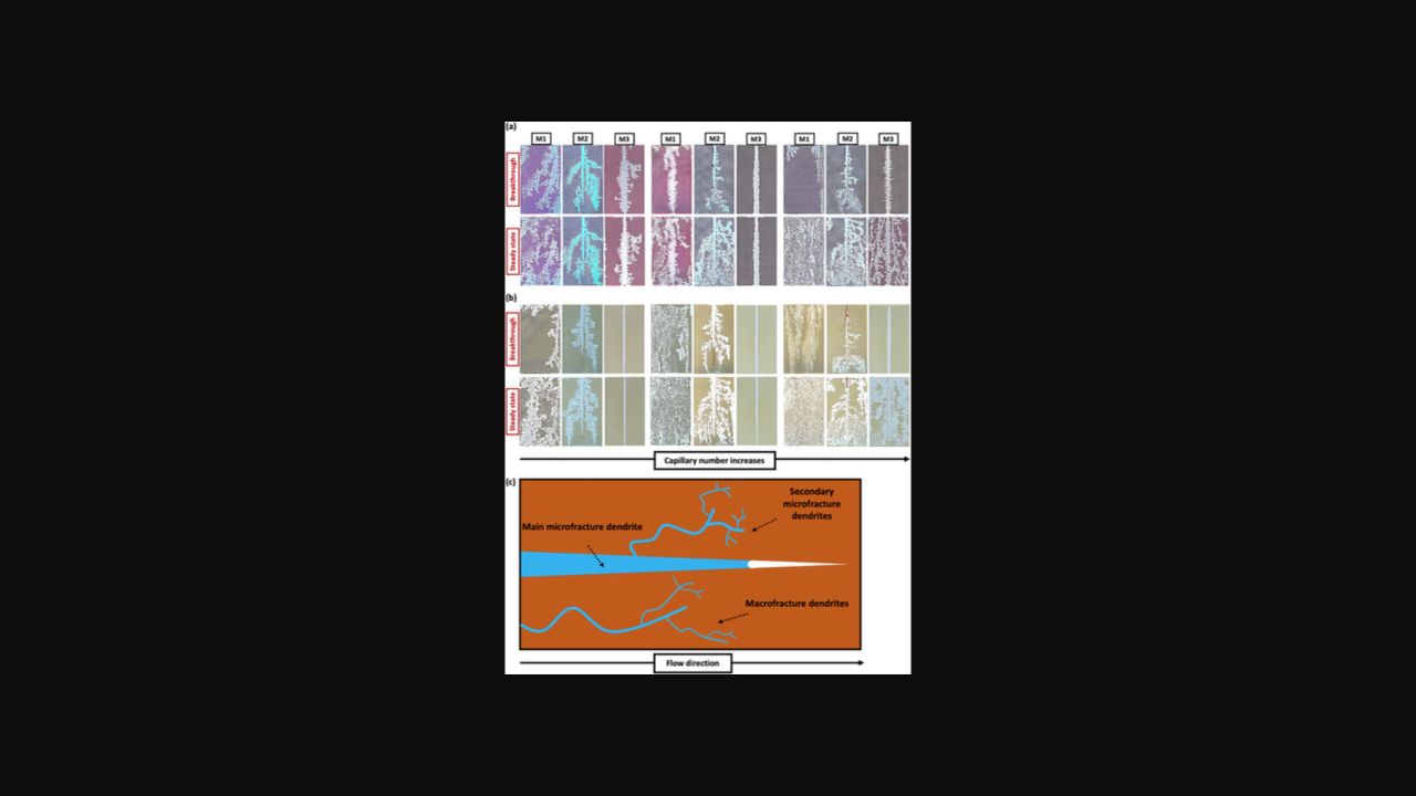 Paper figure showing wettability-dependent flow patterns in connected microfractures